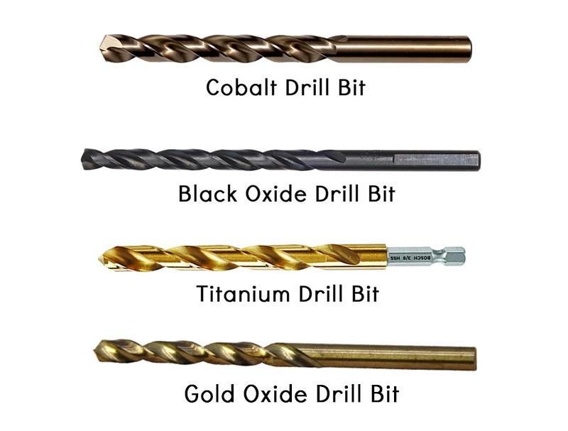 cobalt, black oxide, titanium and gold oxide drill bits
